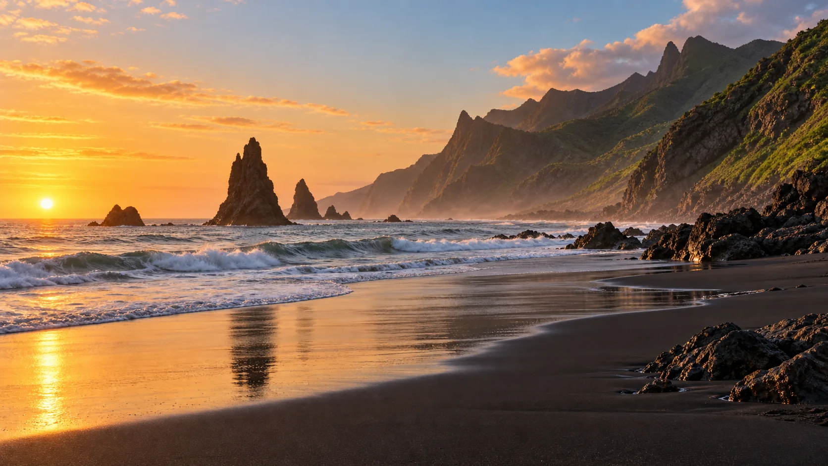 Paisaje costero de Benijo, en Anaga, con roques y playa al atardecer